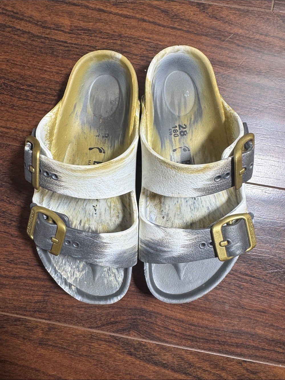 Birkenstock Kids Two-Strap Sandals in White, Gold, and Gray